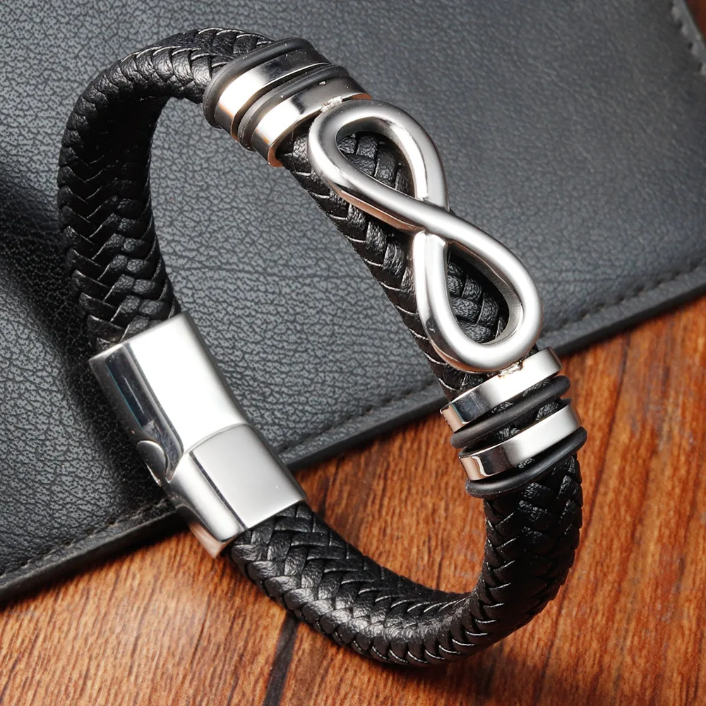 

Black Leather Rope Cowhide Figure 8 Wristband Men's Stainless Steel Genuine Leather Braided Bracelet Handmade Bracelet