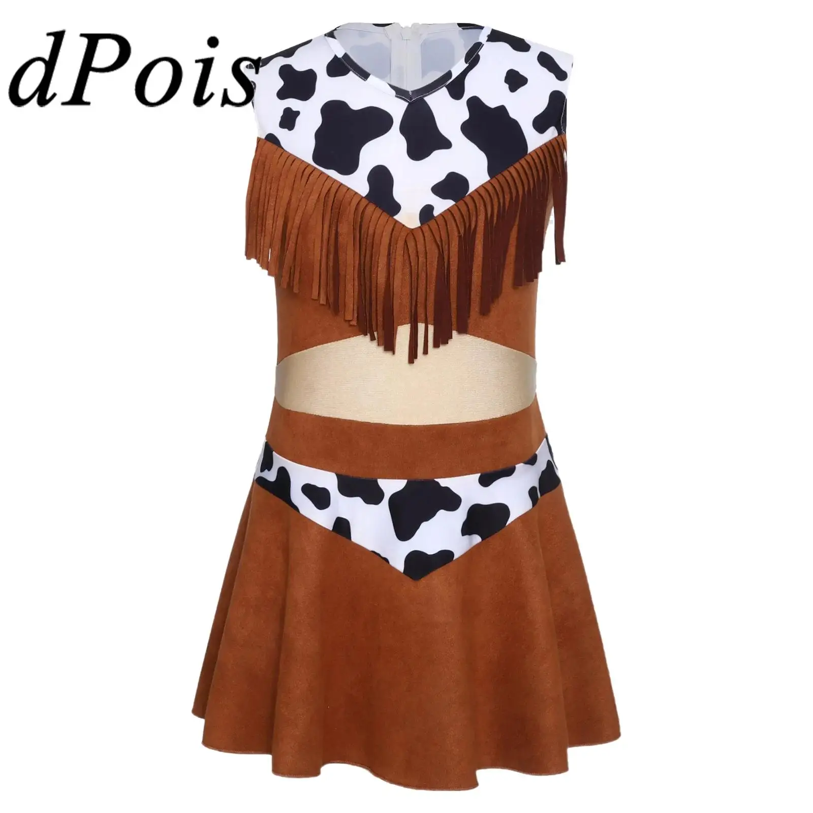 

Kids Girl Western Cowboy Dress Up Cosplay Cowgirl Costume Sleeveless Tassels A-Line Dress Theme Party Outfit Fancy Dress Up