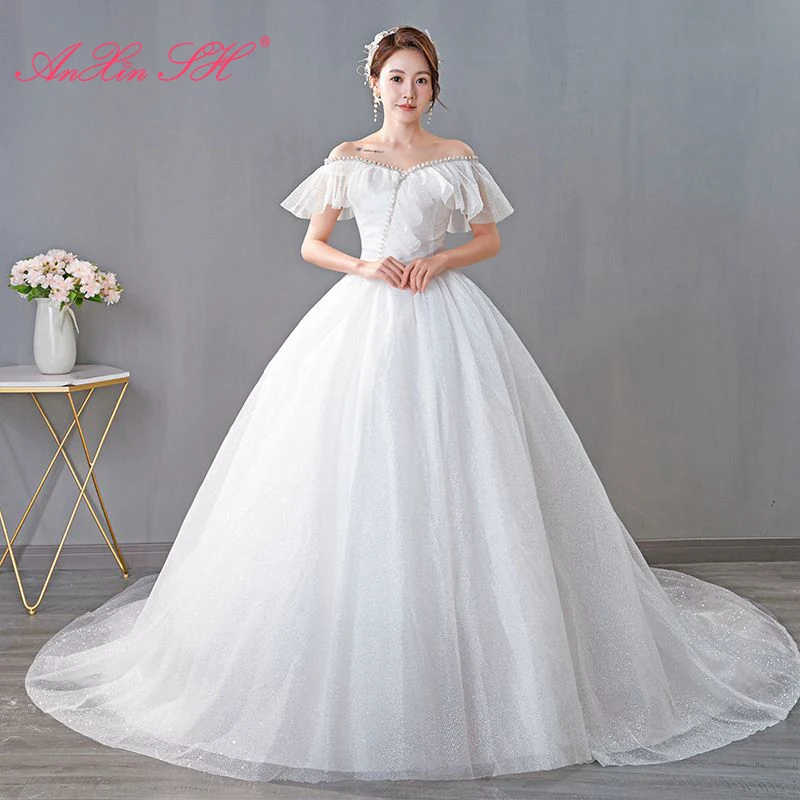 AnXin SH princess white sparkly lace vintage boat neck ruffle beading crystal pearls ball gown lace up customized wedding dress