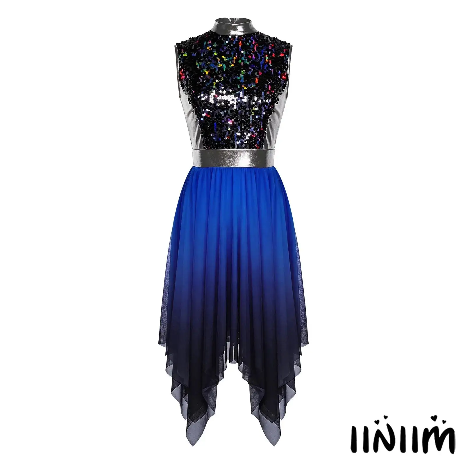

Women Praise Dance Dress Glittery Sequin Sleeveless Gradient Mesh Irregular Hem Dress for Lyrical Liturgical Worship Performance