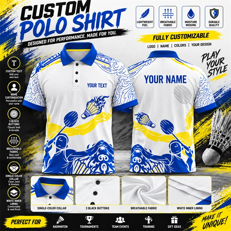 Create Your Own Badminton Polo Add Team Name Logo Text 3D All Over Print Lightweight Short Sleeve Racket Sportswear Gift Top