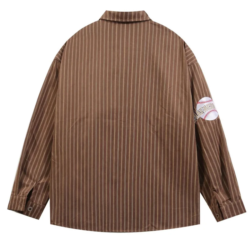 Men's and women's striped loose commuting casual cardigan original niche trendy brand simple embroidered long sleeved shirt