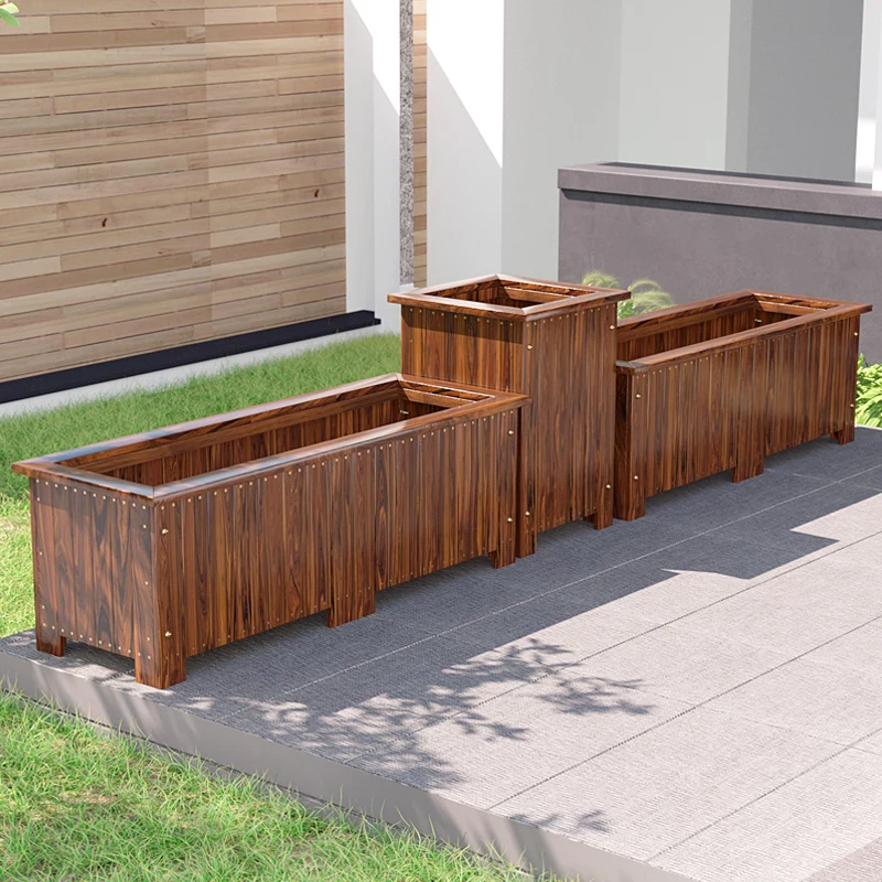 Preservative wood flower box Outdoor planting box Garden rectangular wood flower slot Carbonized solid wood flower pot Balcony v