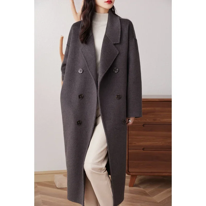 Women's Double-Faced Cashmere Coat, Mid-length Suit Collar, Double-Breasted, 100% Wool, High-End