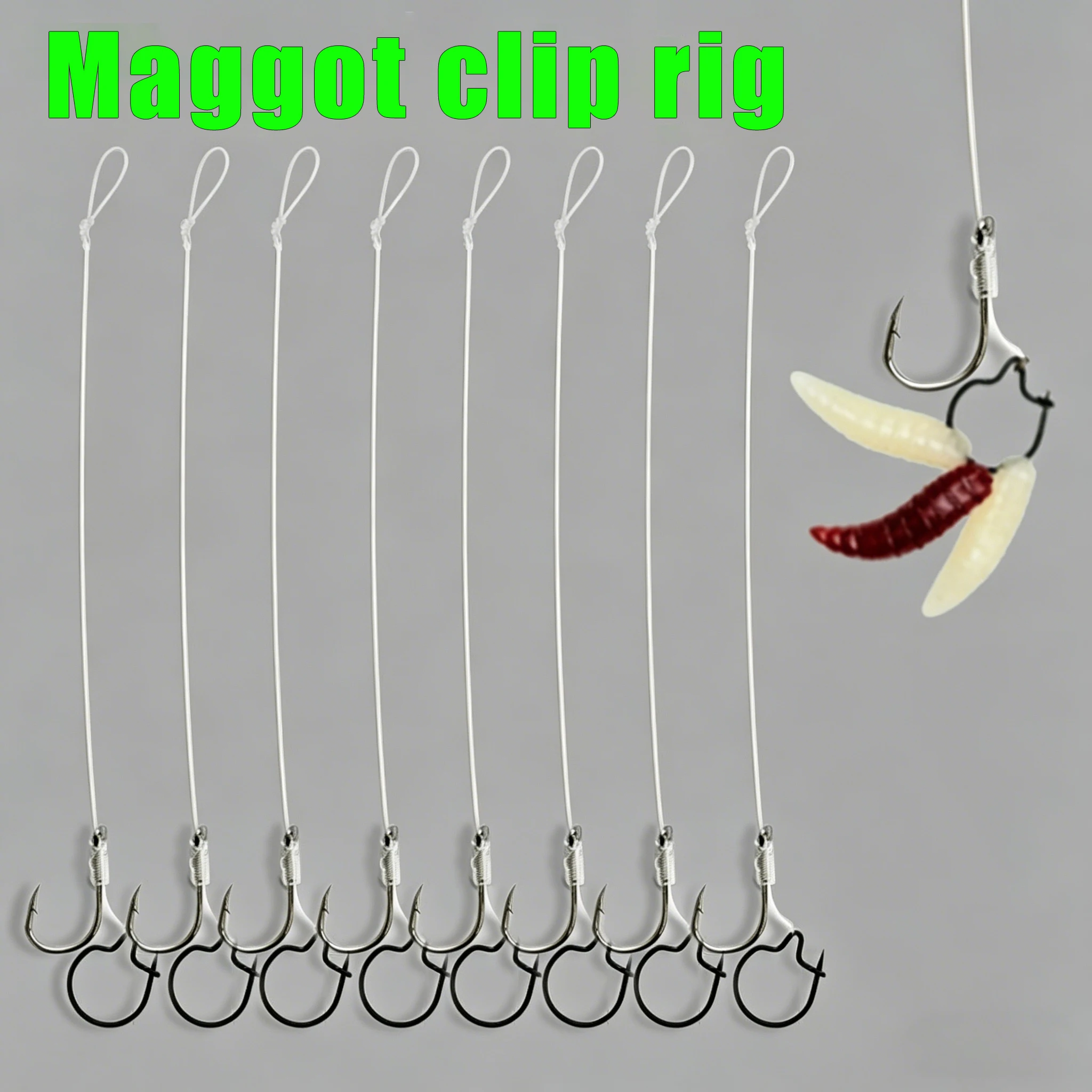 8 Stück Maggot-Clip-Rigs Method Feeder Hair Rigs, 10 cm/4 Zoll Angelschnur mit Widerhaken-Karpfenhaken und Pellet-Gummiband, vormontiert.