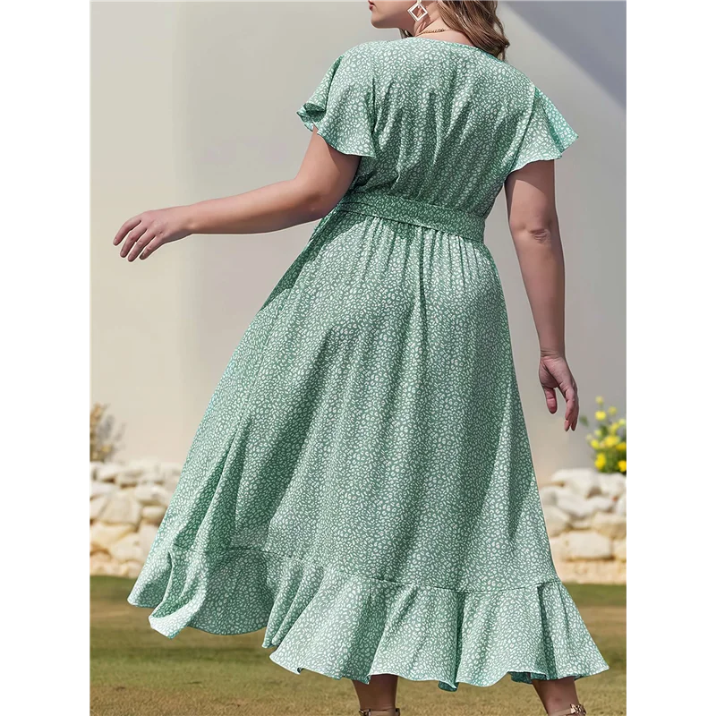 CYL-Plus Size Womens Floral Summer Dress Casual Wrap V Neck Short Sleeve Belted Beach Bohemian Maxi Dress