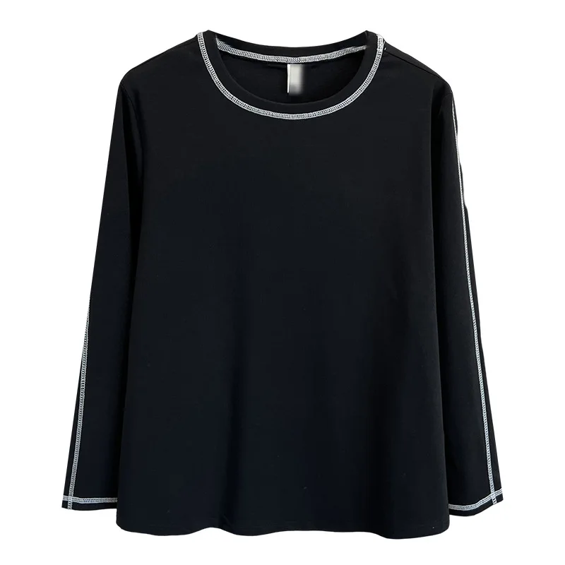 

Женская футболка больших размеров с длинными рукавами, простой базовый топ с круглым вырезом, яркая линия, осень 2025 г.