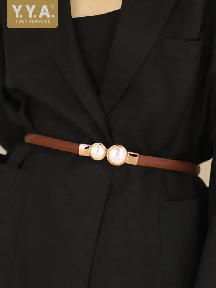 

Elegant Women New Pearls Buckle Thin Waistband Dress Accesssories Cowhide Genuine Leather Belt Office Ladies Slim Strap