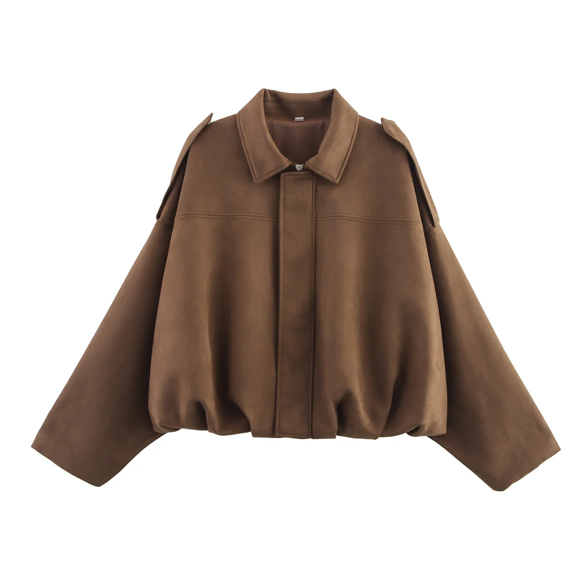 2026 Autumn Faux Suede Collared Jacket Women Shoulder Straps Loose Fit Stylish Crop Top Female Casual Brown Windbreaker Coats