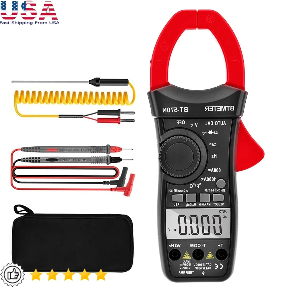 

Inrush Current Clamp Multimeter TRMS 6000 Counts AC DC Amperage Voltage Resistance Temperature Tester with Backlit LCD