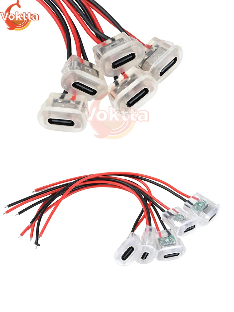 Connecteurs femelles USB type-c à 2 broches, 5 pièces, prise de charge, Port d'alimentation USB-C étanche, fil de plomb 24awg avec lumières LED