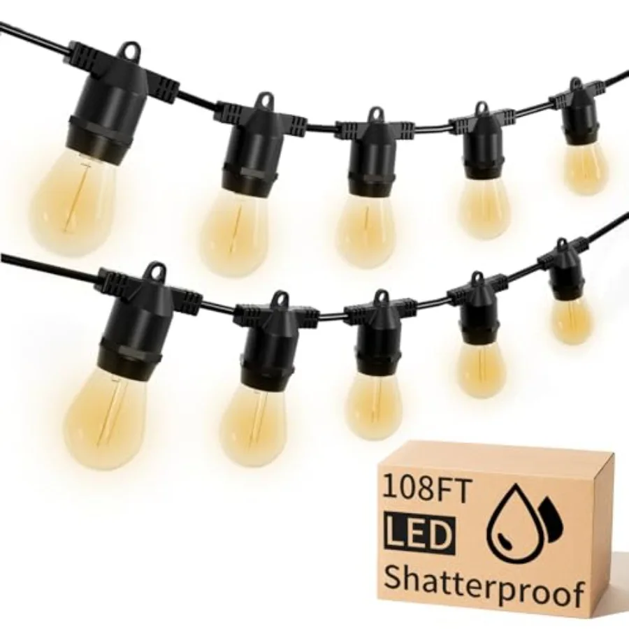 

LED Outdoor String Lights Shatterproof Waterproof 108Feet Maximum 918Ft Hanging Warm 2700K S14 Edison Bulbs Lighting for Patio