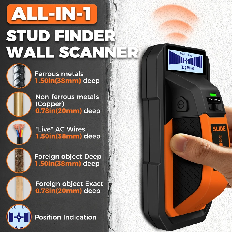 DSF05 5 in 1 Stud Finder Wall Scanner Multifunction Wood Metal AC Wire Detector Depth Tracker with LED Alarm for Home Renovation