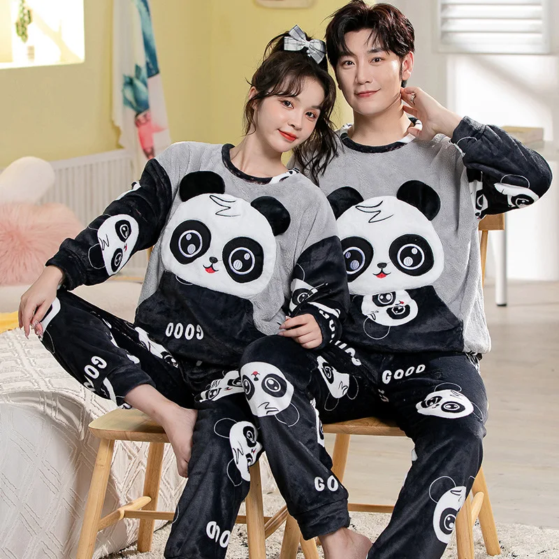 Thickened Warm Flannel Fall and Winter Couple Pajamas Men 200 Grams of Padded Coral Velvet Home Wear Women Sleepwear 2 Piece Set