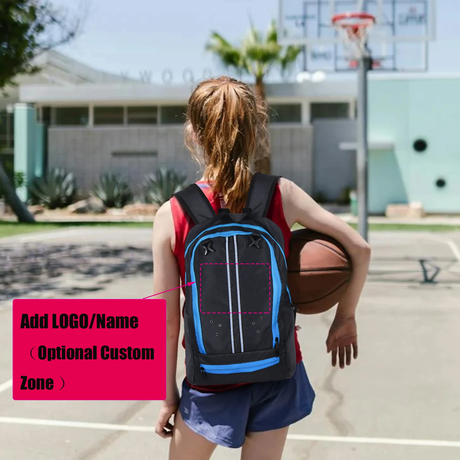 カスタマイズ可能な大容量防水スポーツバックパック、人間工学に基づいた背面デザイン、折りたたみ式メッシュボールポケット、通気性のあるシューズコンパートメント