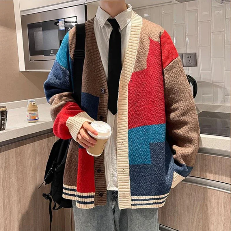 

Autumn and Winter Korean Style Fashion Knit Cardigans Sweater Patchwork Color Couple Men Casual Trendy Coats Jacket Men Clothes