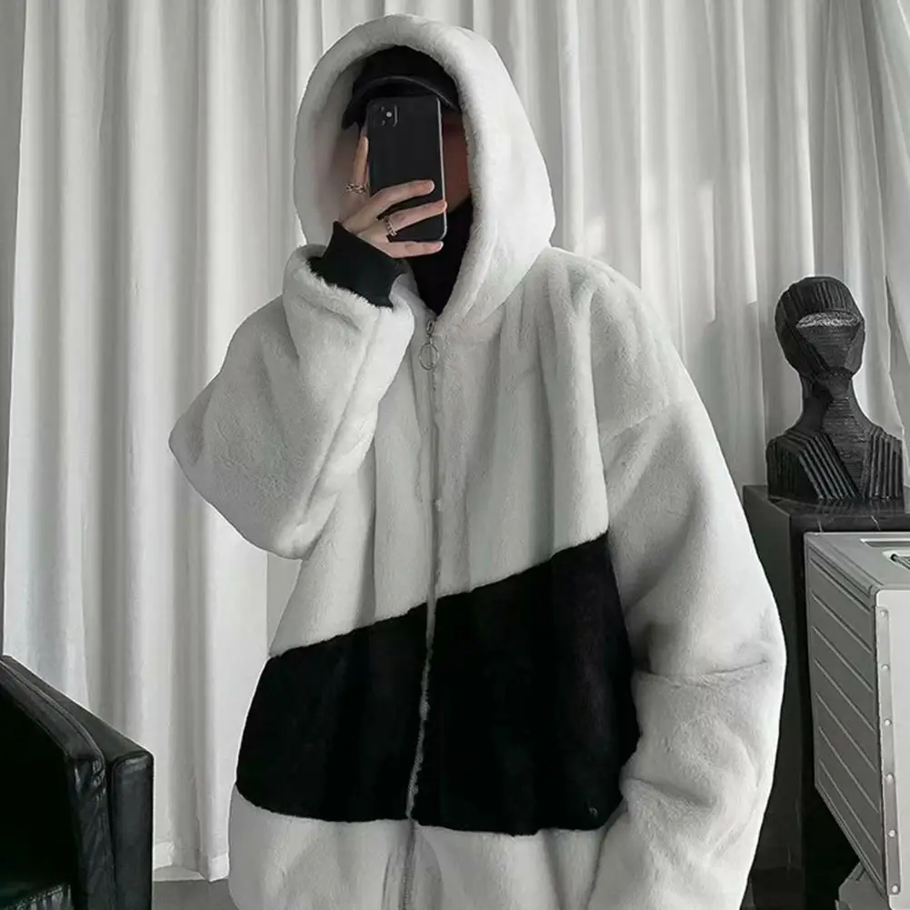 

Trendy Men Hooded Jacket Contrast Color Skin-touch Teddy Bear Hoodie Ribbed Cuff Teddy Bear Hoodie Sweatshirt Coat