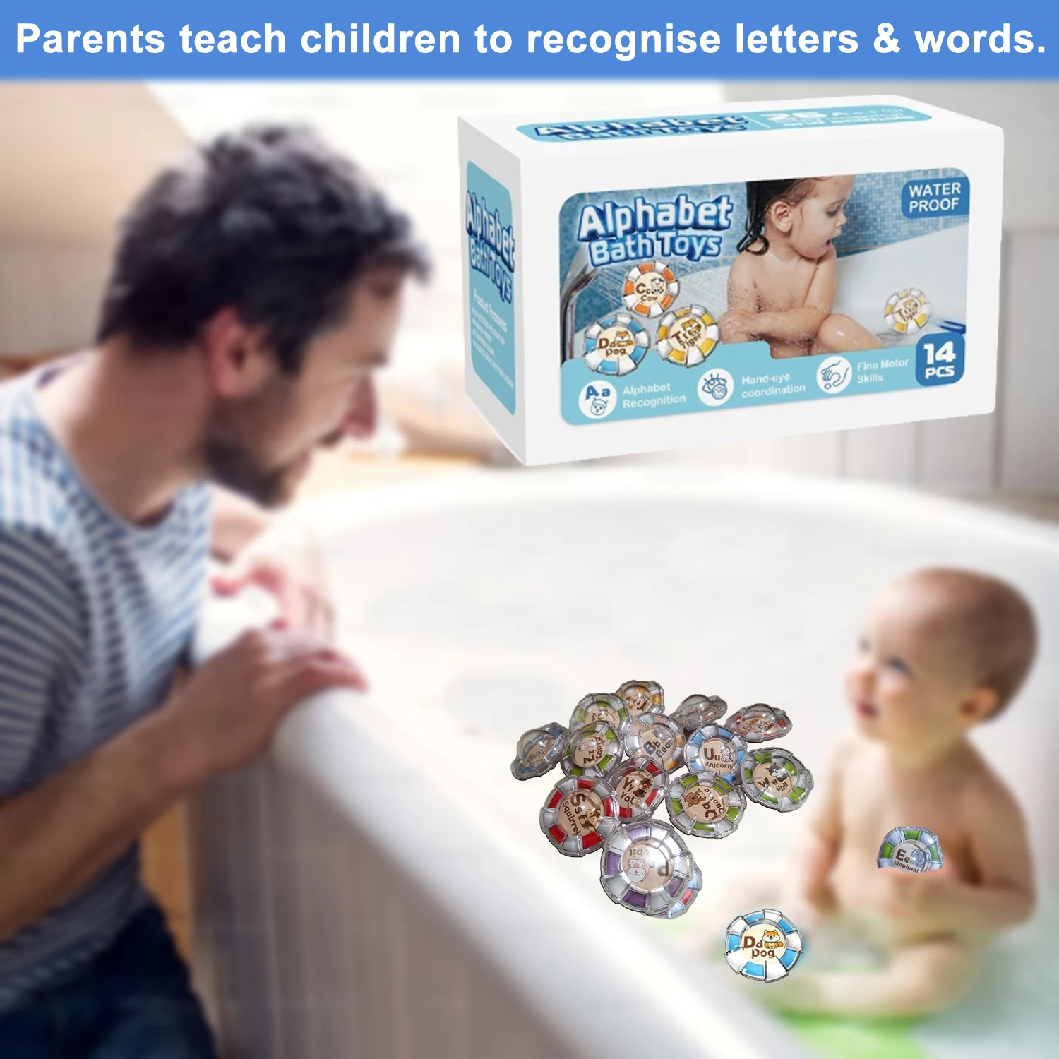 Jouets de bain Alphabet, 13 pièces, mots d'identification des animaux, apprentissage de la A à Z, lettres supérieures et inférieures, reconnaissance des couleurs, comptage du motricité Fine