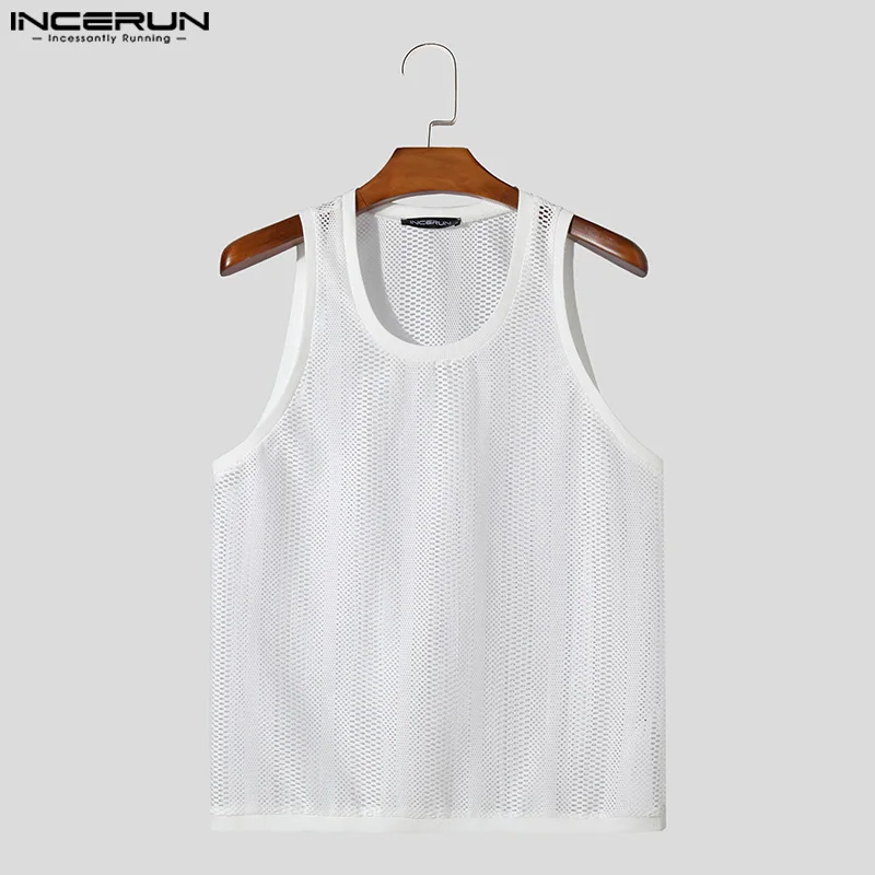 INCERUN-camisetas sin mangas de malla transparente para hombre, chalecos de cuello redondo sin mangas, ropa de calle a la moda, S-5XL de verano, 2024