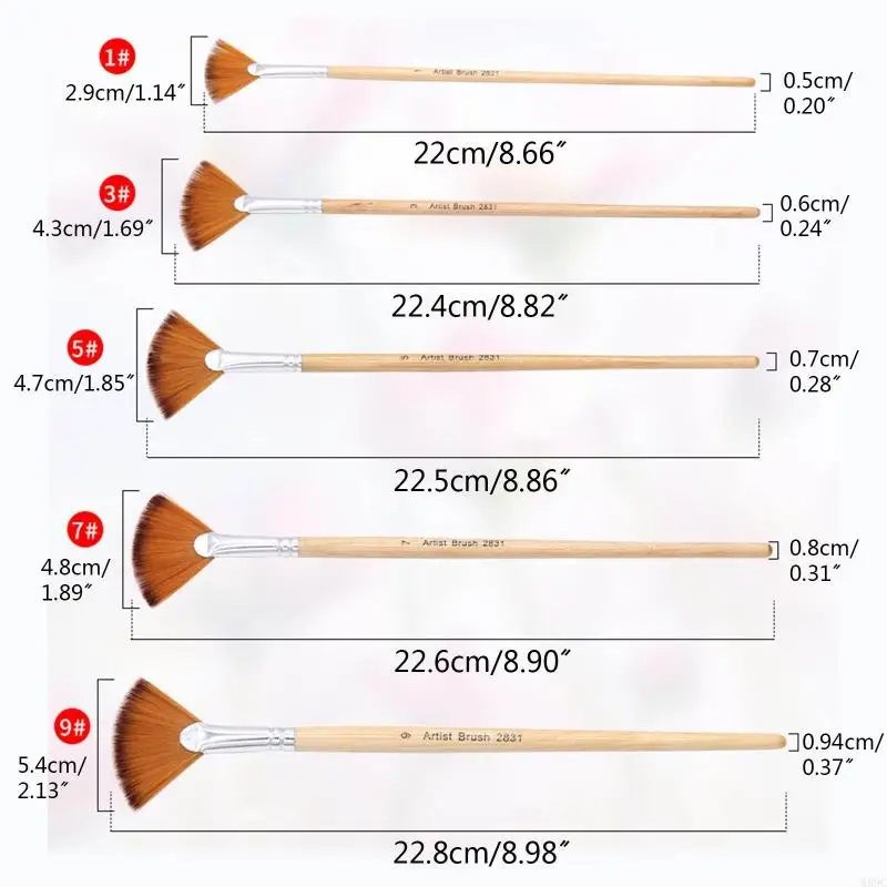 W89C 5 tamaños Cepillos pintura en forma ventilador madera madera para pintura gouche aceite