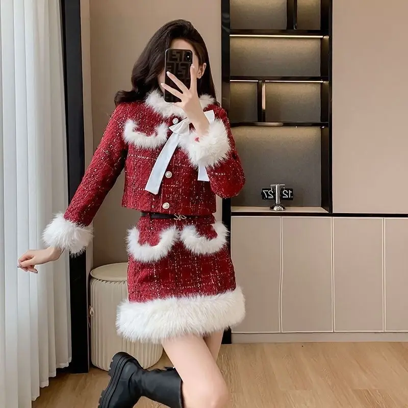 Set di due pezzi da donna di moda coreana rossa invernale Set giacca e gonna Set di abiti di tweed Set di abiti dimagranti femminili Eventi formali casual