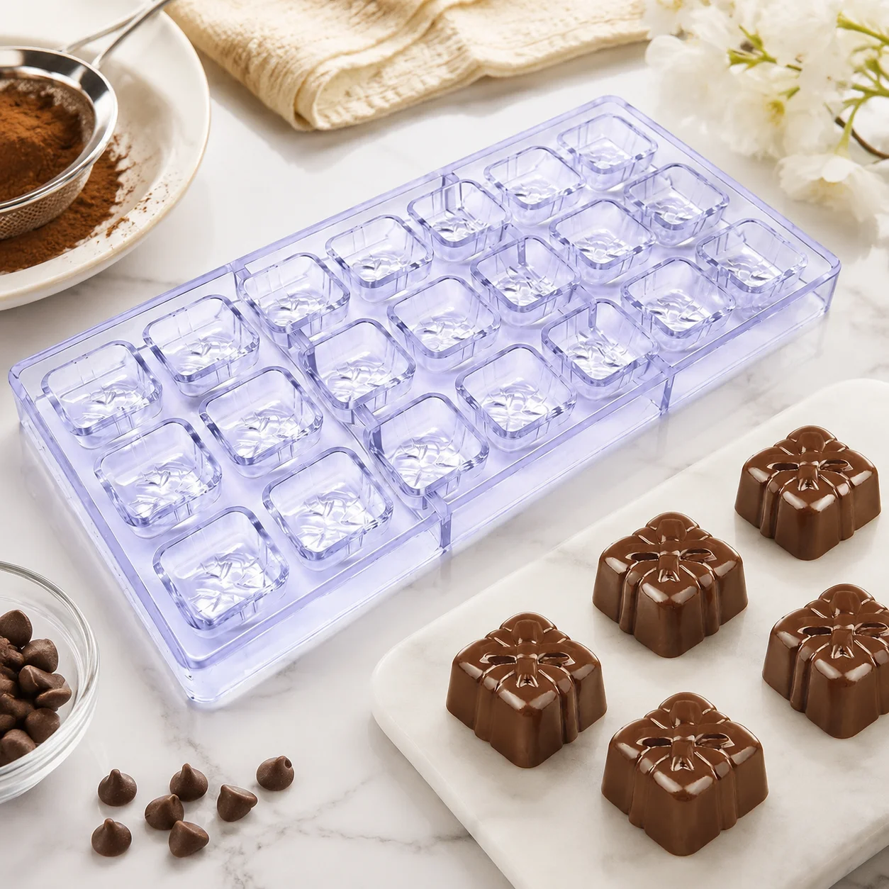 21‑Cavity Gift‑Box Polycarbonate Chocolate Mold, Bow Present Shapes, Decorative Bonbon Candy Mold for Home Bakery Confectionery