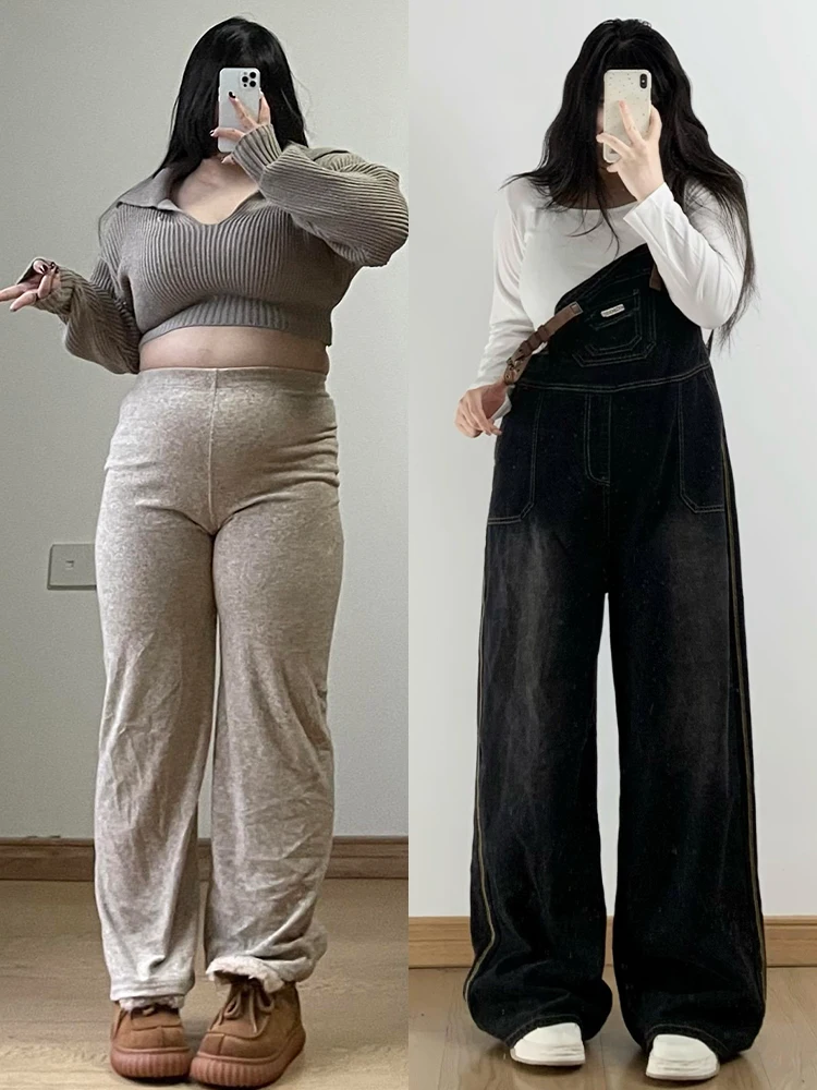 

Женские джинсовые комбинезоны больших размеров, свободный крой, удобные широкие брюки, корейский стиль, повседневные, с высокой талией, из смесового хлопка