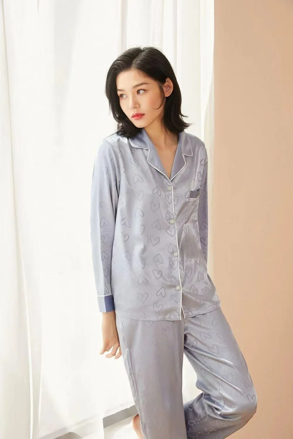 Women's Pajamas Lounge Set Heart Print Casual Sleepwear Button Lapel Neck Loong Sleeve Top & Pants Pyjama Home Clothing New view 5
