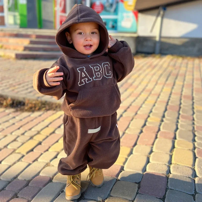 Children's Fleece Suits Insulated Baby Boy Winter Clothes Sets Letters Pullover Hoodie Sweater Top Pants Outfit Girl Tracksuit