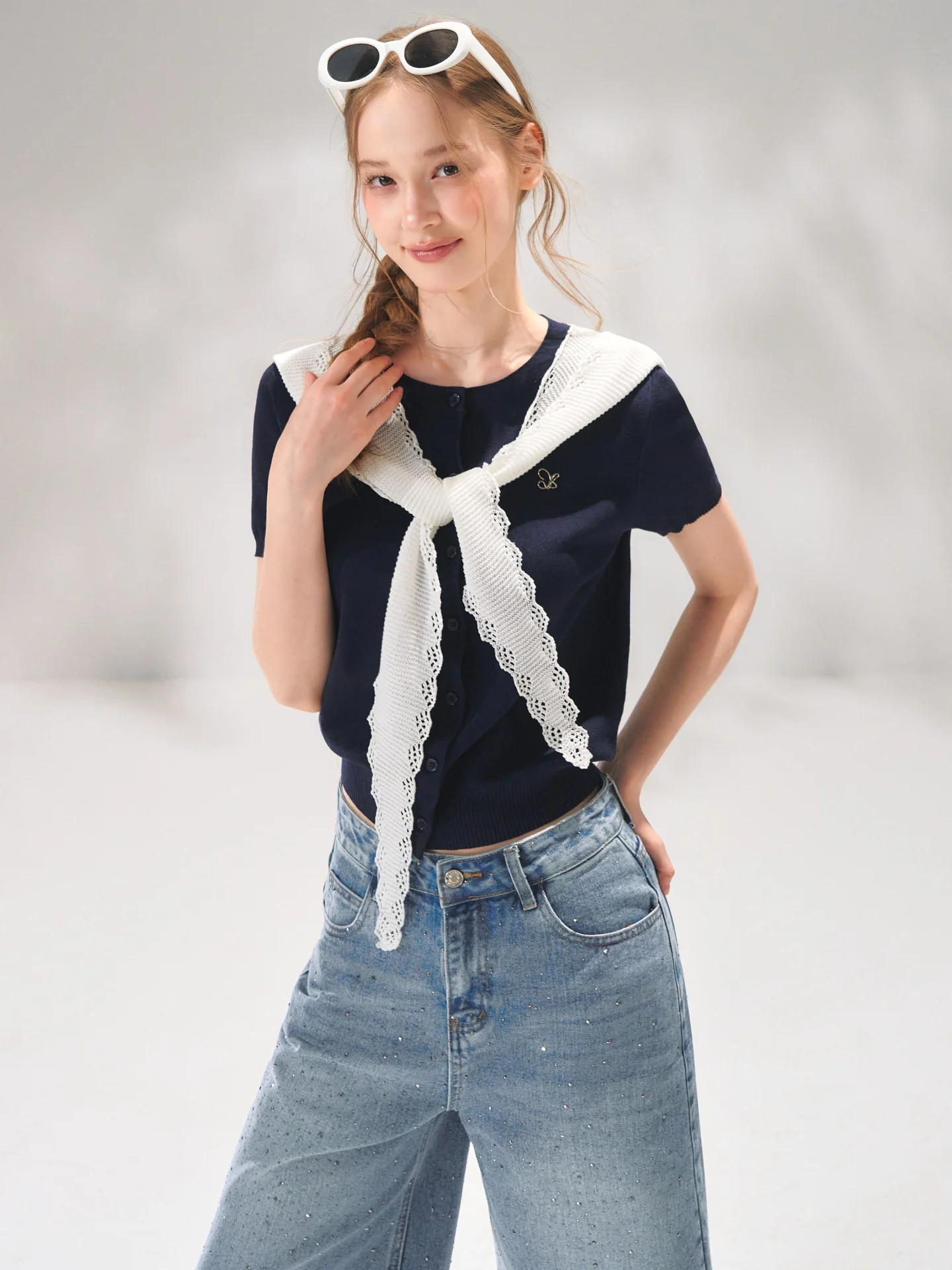 

AsGony Miu Style T-Shirt Women's Short Sleeve Knitted Top with Belt Single Button Vintage Preppy Striped Shirt Casual Summer