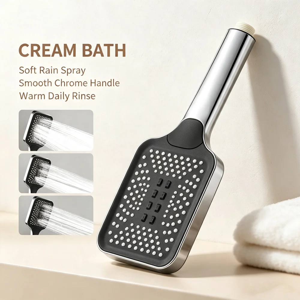 Adjustable High‑Pressure Square Handheld Shower Head Chrome 3‑Flow Modes Shower Nozzle Bathroom Bath Accessory Part