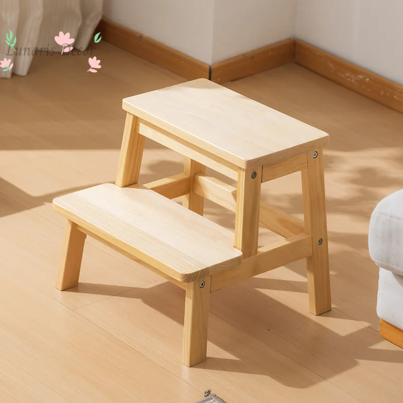 Simple pine household two-step ladder stool dual-purpose step chair high and low stool heightening stool