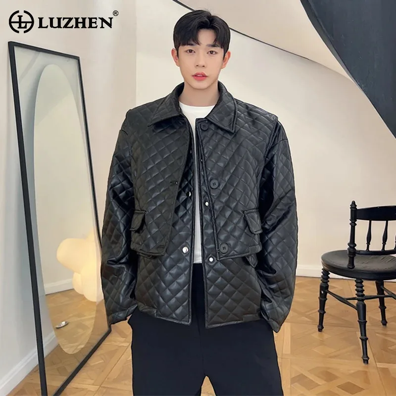 

LUZHEN 2024 New Pu Leather Padded Vest Splicing Jackets Two Piece Sets Men's Plaid Design Personality Trendy Street Coat LZ5727