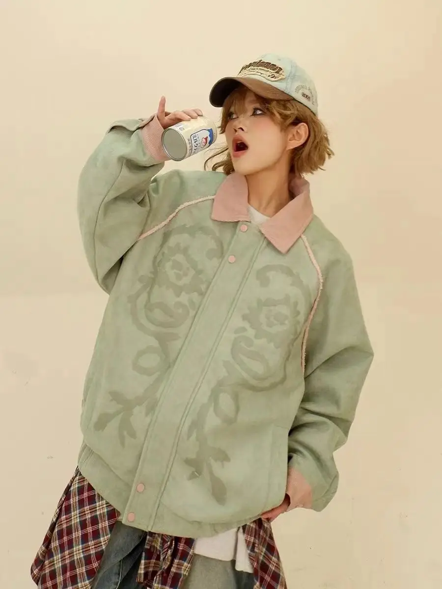 스웨이드 컬러 블록 재킷 여성 2025 봄 신상 루즈핏 BF 아메리칸 스트릿웨어 유니섹스 코트