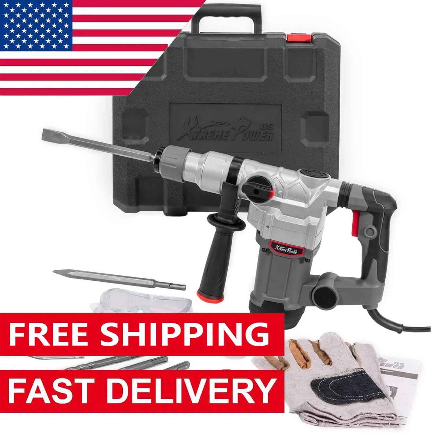 1200W Electric Rotary Hammer SDS Plus Drill Swivel Adjustable Handle Drilling With Chisel Flat Bit Set Carrying Case