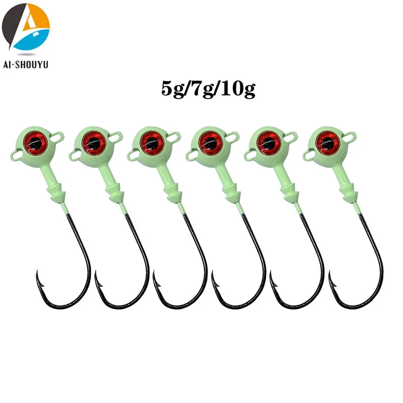 AI-SHOUYU New 5pcs Jig Lead Head Luminous Fishing Hook 5g/7g/10g Barbed Hook Hard Bait 3D Eyes Fishhook Trout Fishing Tackle