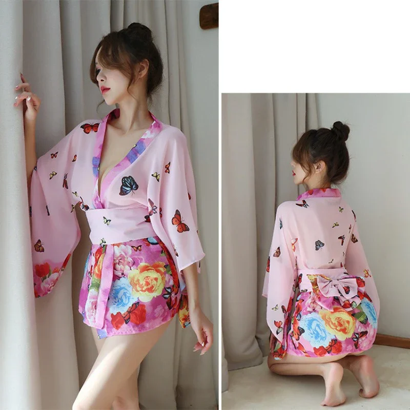 Top Fashion Sexy Women Nightgown Fun Lingerie Night Wears Printing Japanese Kimono Retro Pajama Set Loudspeaker Sleeve Home Wear