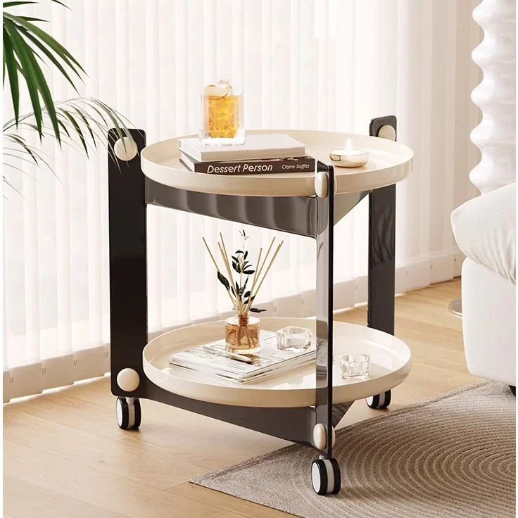 

Cream Style Small End Table with Wheels Double Tray Shelving