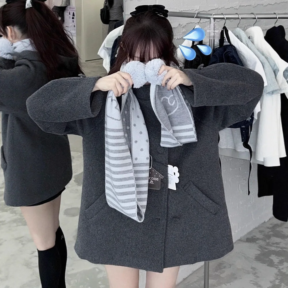 

Thi Woolen Coat with Double Breasts Buttons And Hat for Women Autumn Winter Season Chinese Production Faionable Ladies Ou...