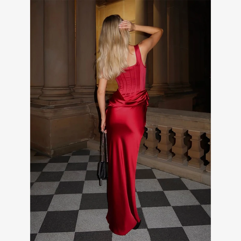 솔리드 컬러 여성 우아한 새틴 플리츠 피쉬본 웨이스트 드레스 섹시 슬리브리스 슬림 U넥 2026 로브 레이디 디너 파티 클럽 로브