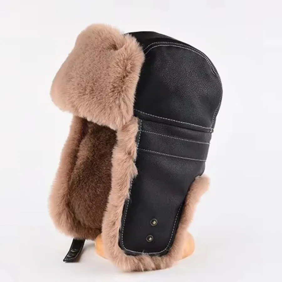 

Faux Fur Leather Bomber Hats with Earflaps Trapper Winter Aviator Hat for Men Women Thick Warm Ski Cap Russian Ushanka