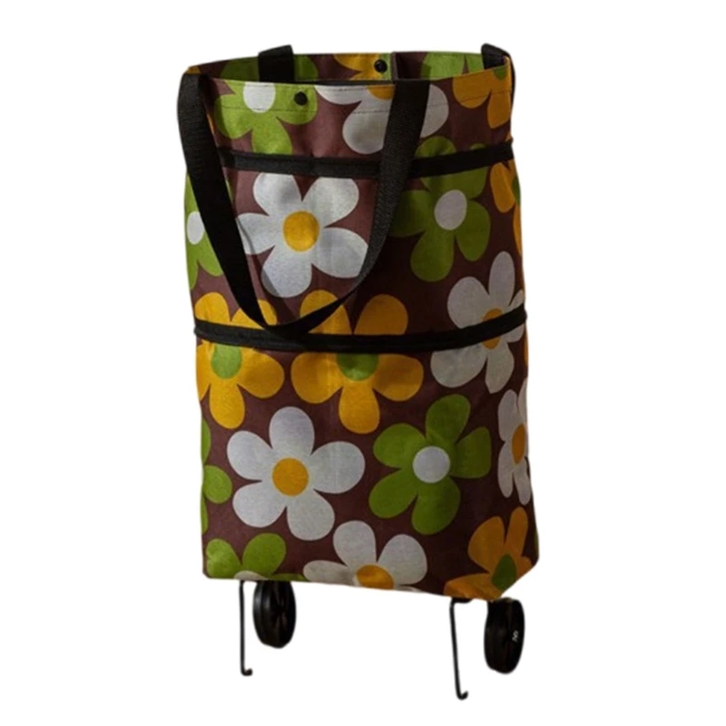 Portable Market Shopping Cart with Oxford Cloth Bag, Rolling Pull Base and Carry Handle for Daily Grocery Hauls J0MC