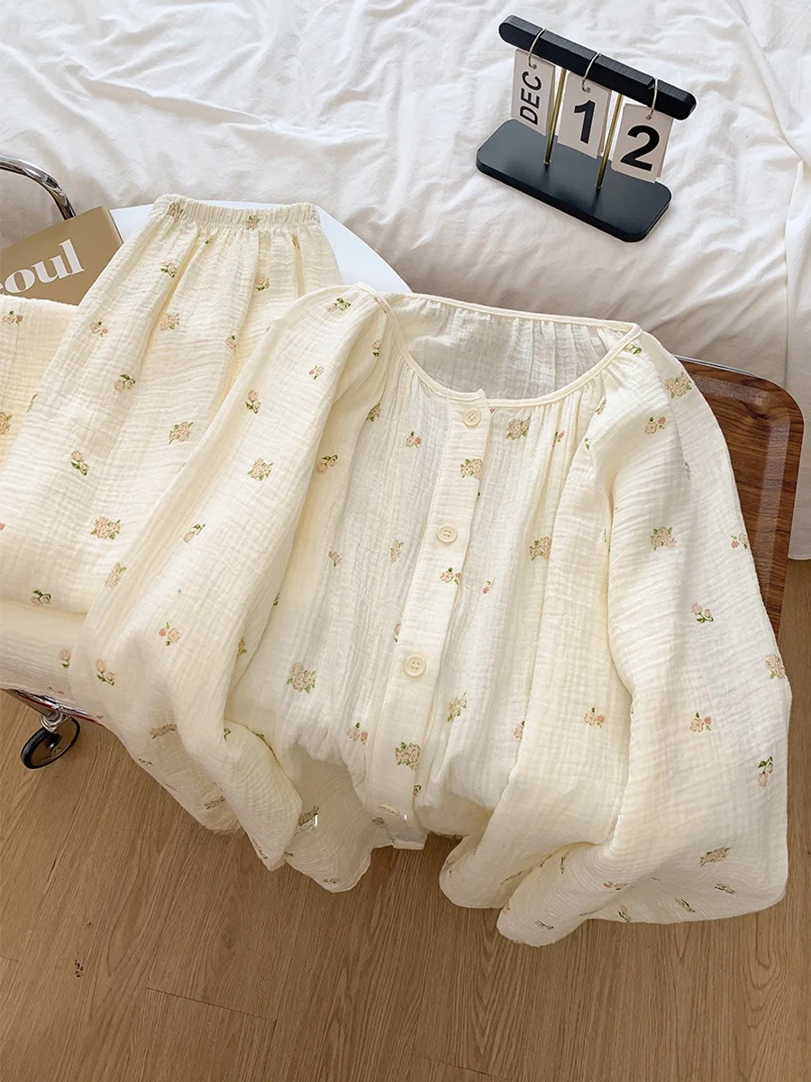 

Sweet Floral Cotton Nightgown Women's Long Sve Long Pants Home Leisure Sle Student Home Clothes Spring Autumn Seasonal