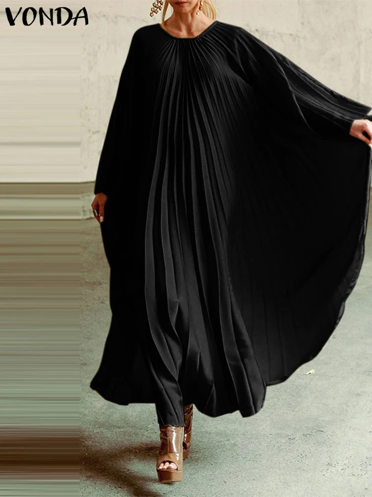 Plus Size Women Long Maxi Dress 2024 VONDA Casual Oversize Solid Color Elegant Vestidos Long Sleeve Robe Ruffles Sundress