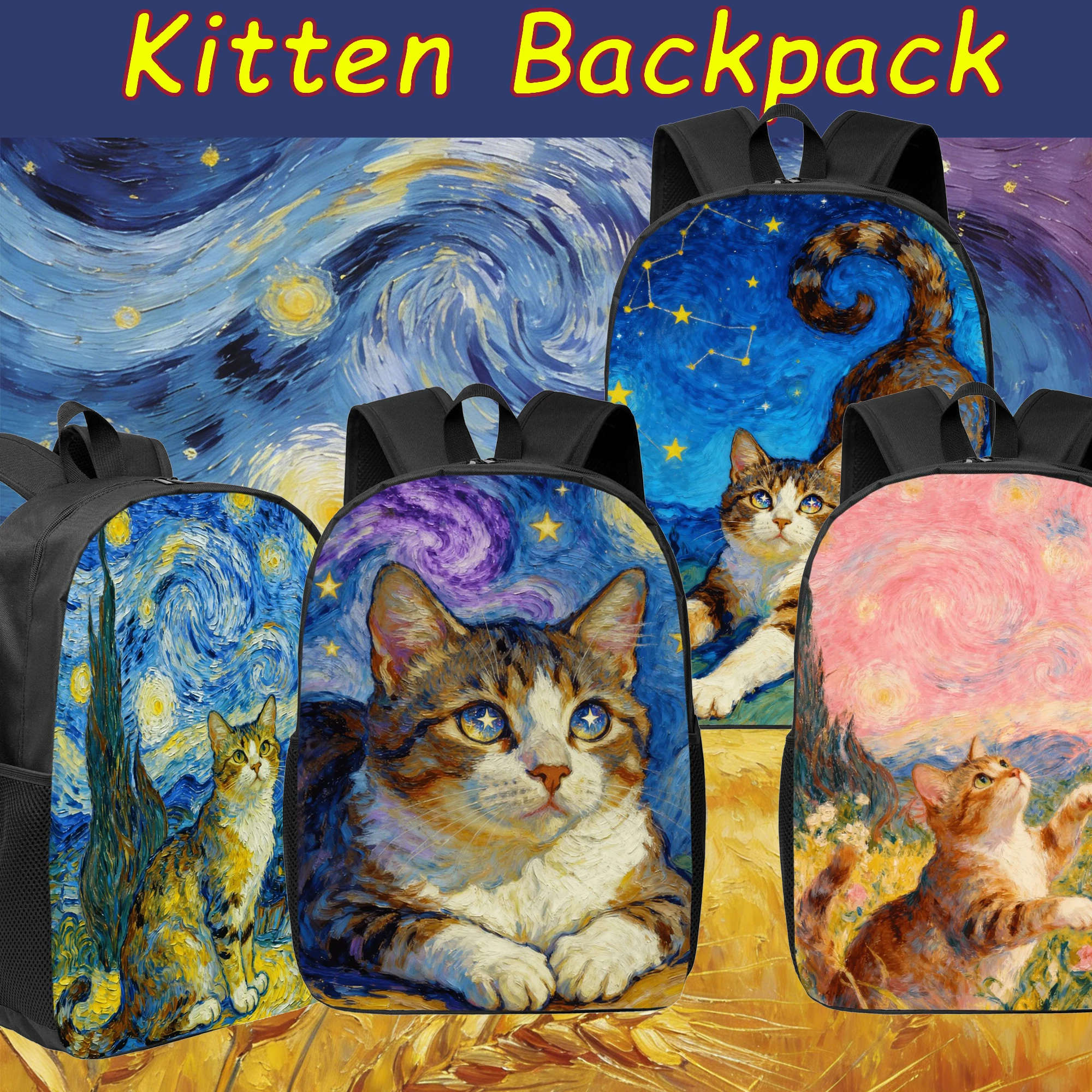 

Рюкзак с изображением кота звездного неба в стиле масляной живописи, большой вместимости, милый, элегантный, художественный, модный, подарок, путешествия, повседневный