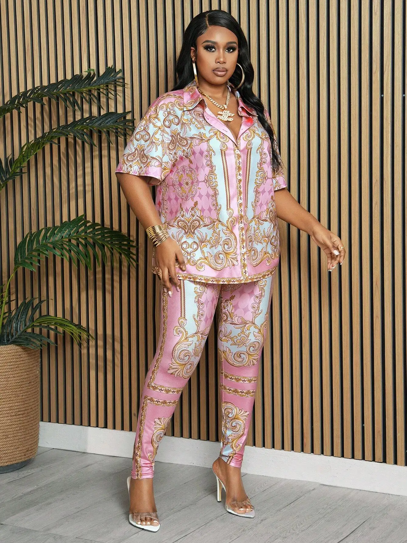 

Комплект из рубашки с коротким рукавом и принтом и облегающих брюк для женщин, повседневный, элегантный, весна-осень