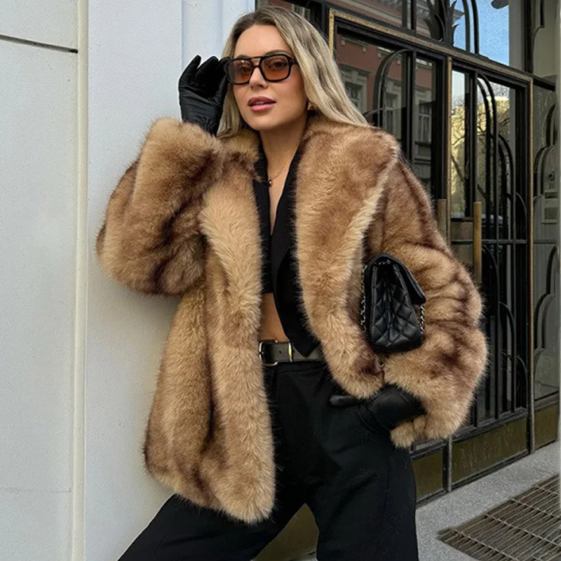 

TARUXY Luxurious Lapel Fur Coat Women's Long Sleeves Pocket Fashion Thickened Warm Jacket Winter New Faux Fur Street Coat Female
