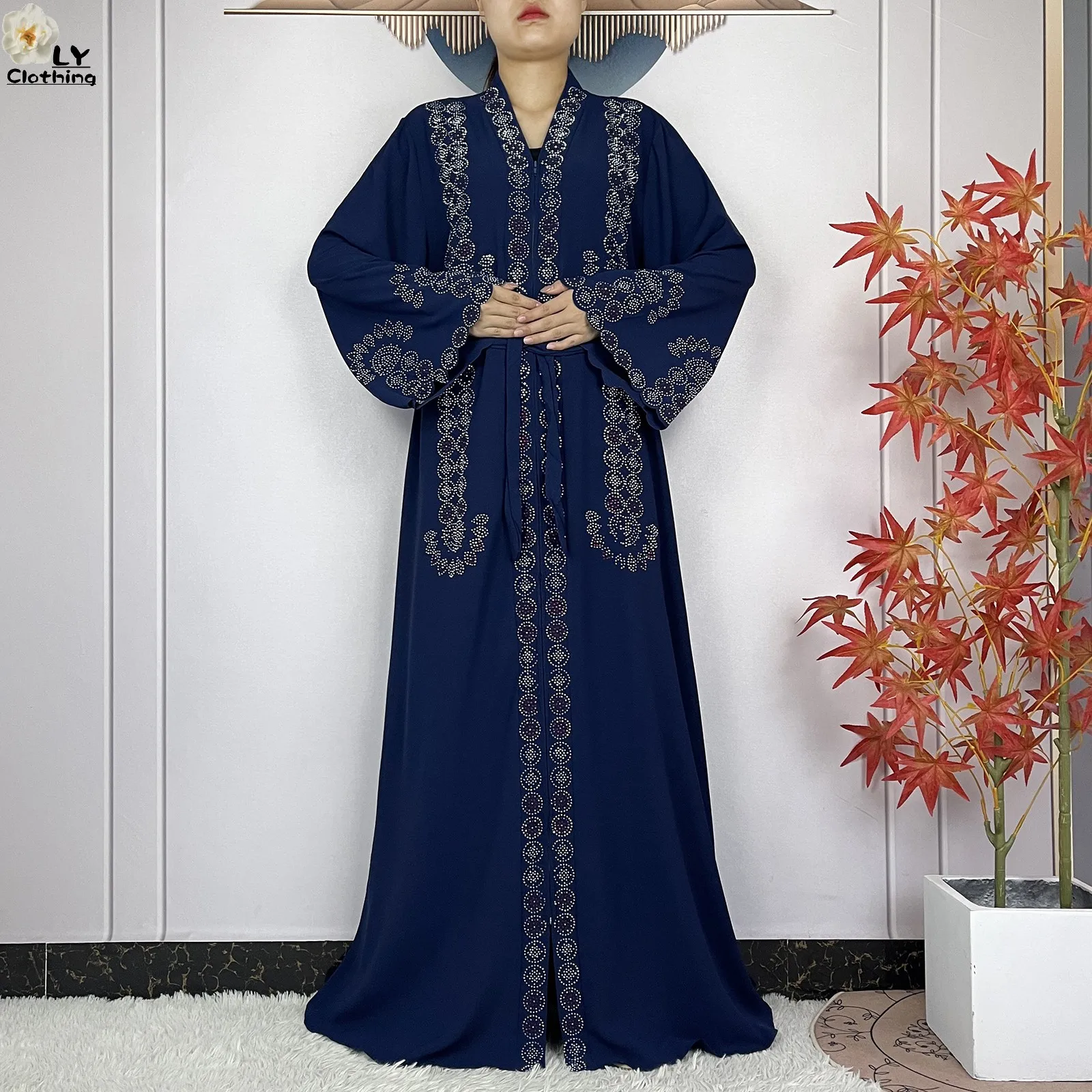 2024New Muslim Women Ramadan Tranditional Long Sleeve Dress Dubai Women Elegant Dress Chiffon Open Abaya African Islamic Clothes