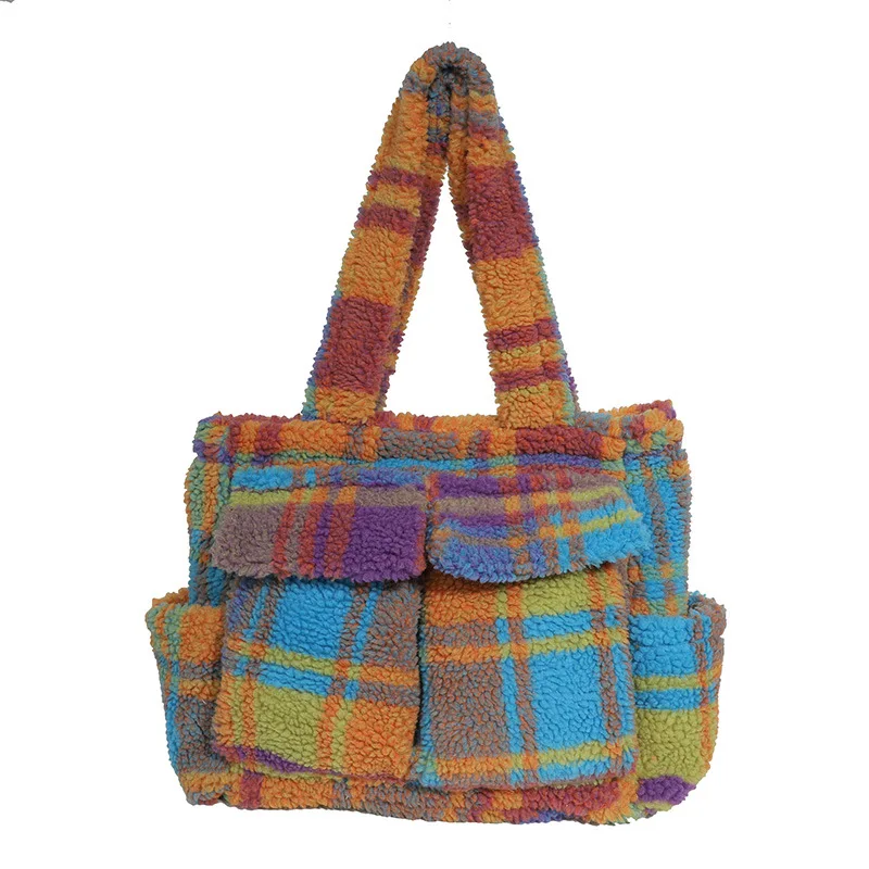 حقائب حمل من صوف الضأن للنساء حقائب كتف عصرية منقوشة حقيبة تسوق محمولة ذات سعة كبيرة حقيبة تحت الإبط حقيبة مصممة كيس