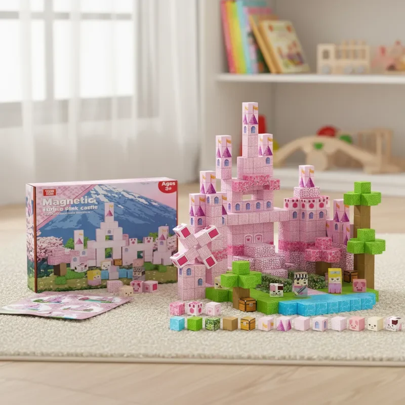 Bloques de construcción magnéticos para niña, conjunto de castillo rosa, montaje gratuito, decoración creativa 3D DIY, juguete educativo STEM, regalo, caja Premium, 100 Uds.